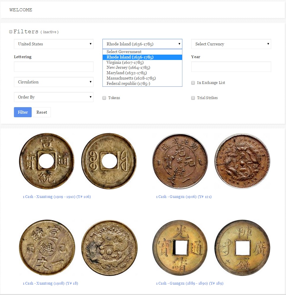 online coins catalog filter active
