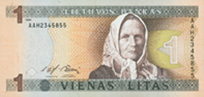 Lithuania banknote 1 Litas (1994) obverse obverse of 1 Litas (1994) banknote with P# 53 from Lithuania. Inscription: 1 1994 LIETUVOS BANKAS 1 1 VIENAS LITAS