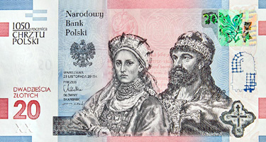 obverse of 20 Złotych - 1050th Anniversary of the Baptism of Poland (2016) banknote from Poland. Inscription: Narodowy Bank Polski 1050.rocznica CHRZTU POLSKI WARSZAWA 23 LISTOPADA 2015r. PREZES GŁÓWNY SKARBNIK DWADZIEŚCIA ZŁOTYCH 20 Dobrawa Mieszko I