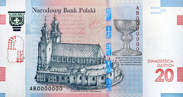 reverse of 20 Złotych - 1050th Anniversary of the Baptism of Poland (2016) banknote from Poland. Inscription: Narodowy Bank Polski BANKNOTY EMITOWANE PRZEZ NARODOWY BANK POLSKI SA PRAWNYM SRODKIEM PLATNICZYM W POLSCE DWADZIEŚCIA ZŁOTYCH 20 K. MICHALCZUK D