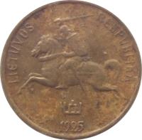 obverse of 1 Centas (1925) coin with KM# 71 from Lithuania. Inscription: LIETUVOS RESPUBLIKA 1925