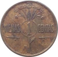 reverse of 1 Centas (1925) coin with KM# 71 from Lithuania. Inscription: VIENAS 1 CENTAS