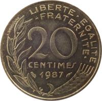 reverse of 20 Centimes (1962 - 2001) coin with KM# 930 from France. Inscription: A.DIEUDONNE LIBERTE · EGALITE · FRATERNITE · 20 CENTIMES 1987