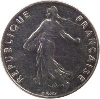 obverse of 1/2 Franc - O. Roty (1964 - 2001) coin with KM# 931.1 from France. Inscription: REPUBLIQUE FRANÇAISE O. Roty