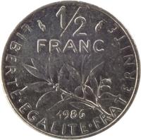 reverse of 1/2 Franc - O. Roty (1964 - 2001) coin with KM# 931.1 from France. Inscription: 1/2 FRANC 1986 LIBERTE · EGALITE · FRATERNITE