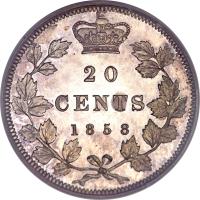 reverse of 20 Cents - Victoria (1858) coin with KM# 4 from Canada. Inscription: 20 CENTS 1858