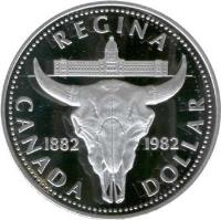 Canada coin 1 Dollar - Elizabeth II - Regina Centennial (1982) reverse reverse of 1 Dollar - Elizabeth II - Regina Centennial (1982) coin with KM# 133 from Canada. Inscription: REGINA 1882 1982 CANADA DOLLAR