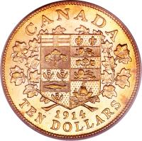 reverse of 10 Dollars - George V (1912 - 1914) coin with KM# 27 from Canada. Inscription: CANADA 1914 TEN DOLLARS