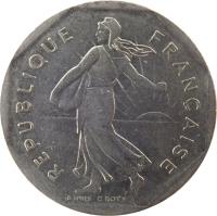 obverse of 2 Francs (1977 - 2001) coin with KM# 942.1 from France. Inscription: REPUBLIQUE FRANÇAISE D'APRÈS O.ROTY