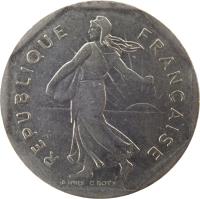 France coin 2 Francs (1977 - 2001) obverse obverse of 2 Francs (1977 - 2001) coin with KM# 942.1 from France. Inscription: REPUBLIQUE FRANÇAISE D'APRÈS O.ROTY