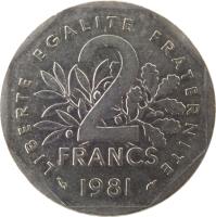reverse of 2 Francs (1977 - 2001) coin with KM# 942.1 from France. Inscription: LIBERTE EGALITE FRATERNITE 2 FRANCS 1979