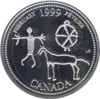 Canada coin 25 Cents - Elizabeth II - February (1999) reverse reverse of 25 Cents - Elizabeth II - February (1999) coin with KM# 343a from Canada. Inscription: CANADA FEBRUARY 1999 FÉVRIER LS