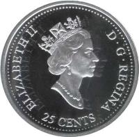 obverse of 25 Cents - Elizabeth II - July (1999) coin with KM# 348a from Canada. Inscription: ELIZABETH II D · G · REGINA 25 CENTS