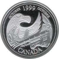 obverse of 25 Cents - Elizabeth II - October (1999) coin with KM# 351a from Canada. Inscription: ELIZABETH II D · G · REGINA 25 CENTS