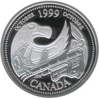 Canada coin 25 Cents - Elizabeth II - October (1999) obverse obverse of 25 Cents - Elizabeth II - October (1999) coin with KM# 351a from Canada. Inscription: ELIZABETH II D · G · REGINA 25 CENTS
