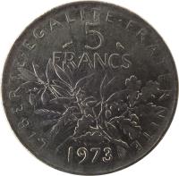 reverse of 5 Francs - O. Roty (1970 - 2001) coin with KM# 926a.1 from France. Inscription: LIBERTE · EGALITE · FRATERNITE 5 FRANCS 1985