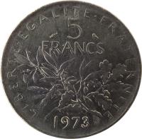 France coin 5 Francs - O. Roty (1970 - 2001) reverse reverse of 5 Francs - O. Roty (1970 - 2001) coin with KM# 926a.1 from France. Inscription: LIBERTE · EGALITE · FRATERNITE 5 FRANCS 1985