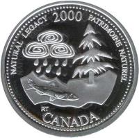 Canada coin 25 Cents - Elizabeth II - Natural Legacy (2000) reverse reverse of 25 Cents - Elizabeth II - Natural Legacy (2000) coin with KM# 382a from Canada. Inscription: CANADA NATURAL LEGACY 2000 PATRIMOINE NATUREL RT