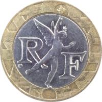 obverse of 10 Francs - Spirit of Bastille (1988 - 2001) coin with KM# 964 from France. Inscription: R F