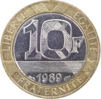 reverse of 10 Francs - Spirit of Bastille (1988 - 2001) coin with KM# 964 from France. Inscription: LIBERTÉ EGALITÉ 10F 1989 FRATERNITÉ