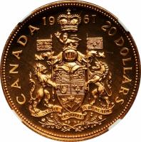 Canada coin 20 Dollars - Elizabeth II - Confederation (1967) reverse reverse of 20 Dollars - Elizabeth II - Confederation (1967) coin with KM# 71 from Canada. Inscription: 19 67 CANADA 20 DOLLARS