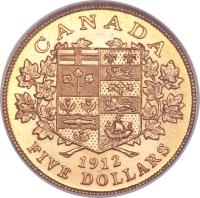reverse of 5 Dollars - George V (1912 - 1914) coin with KM# 26 from Canada. Inscription: CANADA 1912 FIVE DOLLARS