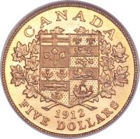 Canada coin 5 Dollars - George V (1912 - 1914) reverse reverse of 5 Dollars - George V (1912 - 1914) coin with KM# 26 from Canada. Inscription: CANADA 1912 FIVE DOLLARS
