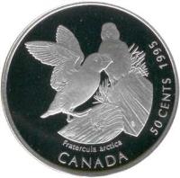 Canada coin 50 Cents - Elizabeth II - Atlantic Puffin (1995) reverse reverse of 50 Cents - Elizabeth II - Atlantic Puffin (1995) coin with KM# 261 from Canada. Inscription: Fratercula arctica CANADA 50 CENTS 1995
