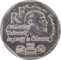 obverse of 2 Francs - Declaration of Human Rights (1998) coin with KM# 1213 from France. Inscription: René Cassin RF Déclaration Universelle des Droits de l'Homme 1948 1998