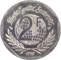 France coin 2 Francs - Declaration of Human Rights (1998) reverse reverse of 2 Francs - Declaration of Human Rights (1998) coin with KM# 1213 from France. Inscription: LIBERTÉ EGALITÉ FRATERNITÉ 2 F 1998