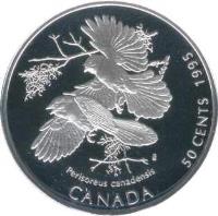 Canada coin 50 Cents - Elizabeth II - Gray Jays (1995) reverse reverse of 50 Cents - Elizabeth II - Gray Jays (1995) coin with KM# 263 from Canada. Inscription: Perisoreus canadensis CANADA 50 CENTS 1995