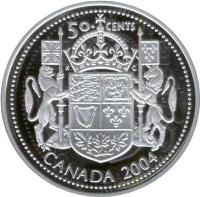 Canada coin 50 Cents - Elizabeth II - 1'st Portrait (2004) reverse reverse of 50 Cents - Elizabeth II - 1'st Portrait (2004) coin from Canada. Inscription: 50 CENTS KG CANADA 2004