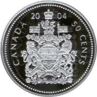 reverse of 50 Cents - Elizabeth II - 4'th Portrait (2004) coin with KM# 494a from Canada. Inscription: 2004 CANADA 50 CENTS DESIDEANTES MELIOREM PATRIAM A MARI USQUA AD MARE