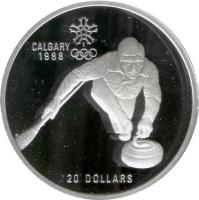 Canada coin 20 Dollars - Elizabeth II - Curling (1987) reverse reverse of 20 Dollars - Elizabeth II - Curling (1987) coin with KM# 156 from Canada. Inscription: CALGARY 1988 20 DOLLARS