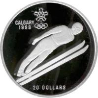 Canada coin 20 Dollars - Elizabeth II - Ski Jump (1987) reverse reverse of 20 Dollars - Elizabeth II - Ski Jump (1987) coin with KM# 159 from Canada. Inscription: CALGARY 1988 20 DOLLARS