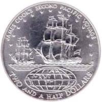 Cook Islands coin 2 1/2 Dollars - Elizabeth II - James Cook - 2'nd Portrait (1973 - 1974) reverse reverse of 2 1/2 Dollars - Elizabeth II - James Cook - 2'nd Portrait (1973 - 1974) coin with KM# 9 from Cook Islands. Inscription: JAMES COOK'S SECOND PACIFIC VOYAGE * * * * * * * * * * * * * * * * TWO AND A HALF DOLLARS