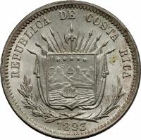 obverse of 25 Centavos (1889 - 1893) coin with KM# 130 from Costa Rica. Inscription: REPUBLICA DE COSTA RICA 1893