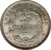 reverse of 25 Centavos (1889 - 1893) coin with KM# 130 from Costa Rica. Inscription: AMERICA CENTRAL 25 CENTAVOS 9DS. HEATON BIRMN.