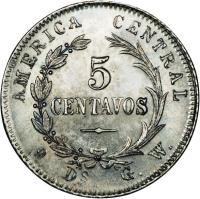 Costa Rica coin 5 Centavos (1885 - 1887) reverse reverse of 5 Centavos (1885 - 1887) coin with KM# 125 from Costa Rica. Inscription: AMERICA CENTRAL 5 CENTAVOS GW