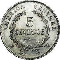 reverse of 5 Centavos (1885 - 1887) coin with KM# 125 from Costa Rica. Inscription: AMERICA CENTRAL 5 CENTAVOS GW