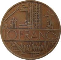 reverse of 10 Francs (1974 - 1987) coin with KM# 940 from France. Inscription: 10 FRANCS