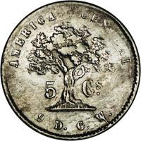 Costa Rica coin 5 Centavos (1865 - 1875) reverse reverse of 5 Centavos (1865 - 1875) coin with KM# 110 from Costa Rica. Inscription: AMERICA CENTRAL 5 CS. 9 D. G. W.