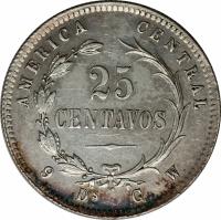 reverse of 25 Centavos (1886 - 1887) coin with KM# 127 from Costa Rica.