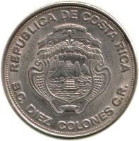 obverse of 10 Colones - 25 Years Central Bank (1975) coin with KM# 204 from Costa Rica.