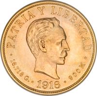 reverse of 10 Pesos - José Martí (1915 - 1916) coin with KM# 20 from Cuba. Inscription: PATRIA Y LIBERTAD 16.718 G. 1916 900 M