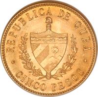 obverse of 5 Pesos - José Martí (1915 - 1916) coin with KM# 19 from Cuba. Inscription: REPUBLICA DE CUBA CINCO PESOS