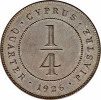 Cyprus coin 1/4 Piastre - George V (1922 - 1926) reverse reverse of 1/4 Piastre - George V (1922 - 1926) coin with KM# 16 from Cyprus. Inscription: · CYPRUS · 1/4 QUARTER · 1926 · PIASTRE