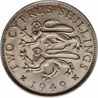 Cyprus coin 2 Shillings - George VI (1949) reverse reverse of 2 Shillings - George VI (1949) coin with KM# 32 from Cyprus.