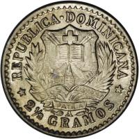 obverse of 10 Centavos (1897) coin with KM# 13 from Dominican Republic. Inscription: REPUBLICA DOMINICANA DIOS PATRIA LIBERTAD 2½ GRAMOS A