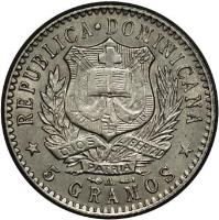 obverse of 20 Centavos (1897) coin with KM# 14 from Dominican Republic.